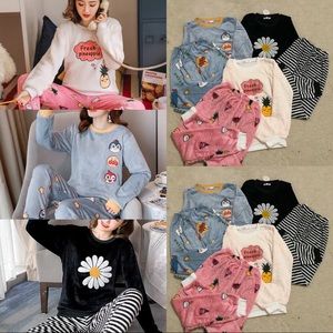 3 Sets Women Winter Fleece Flannel Long Sleeve Cartoon Pajama Sleepwear